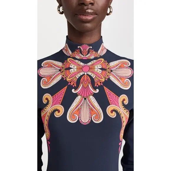 LA DOUBLEJ Navy Paisley Gold Pendant High Neck A-Line Halle Dress Size XS - Picture 4 of 16